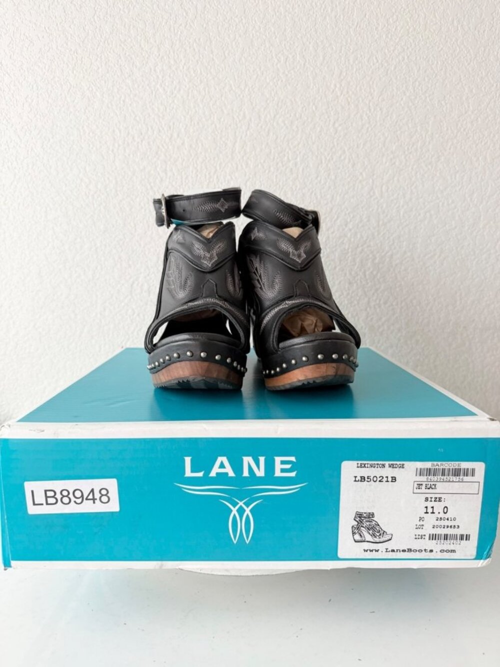 Lane Boots Lexington Jet Black Leather Western Wedge Sandals Wood Heel Womens 11 - Picture 11 of 12